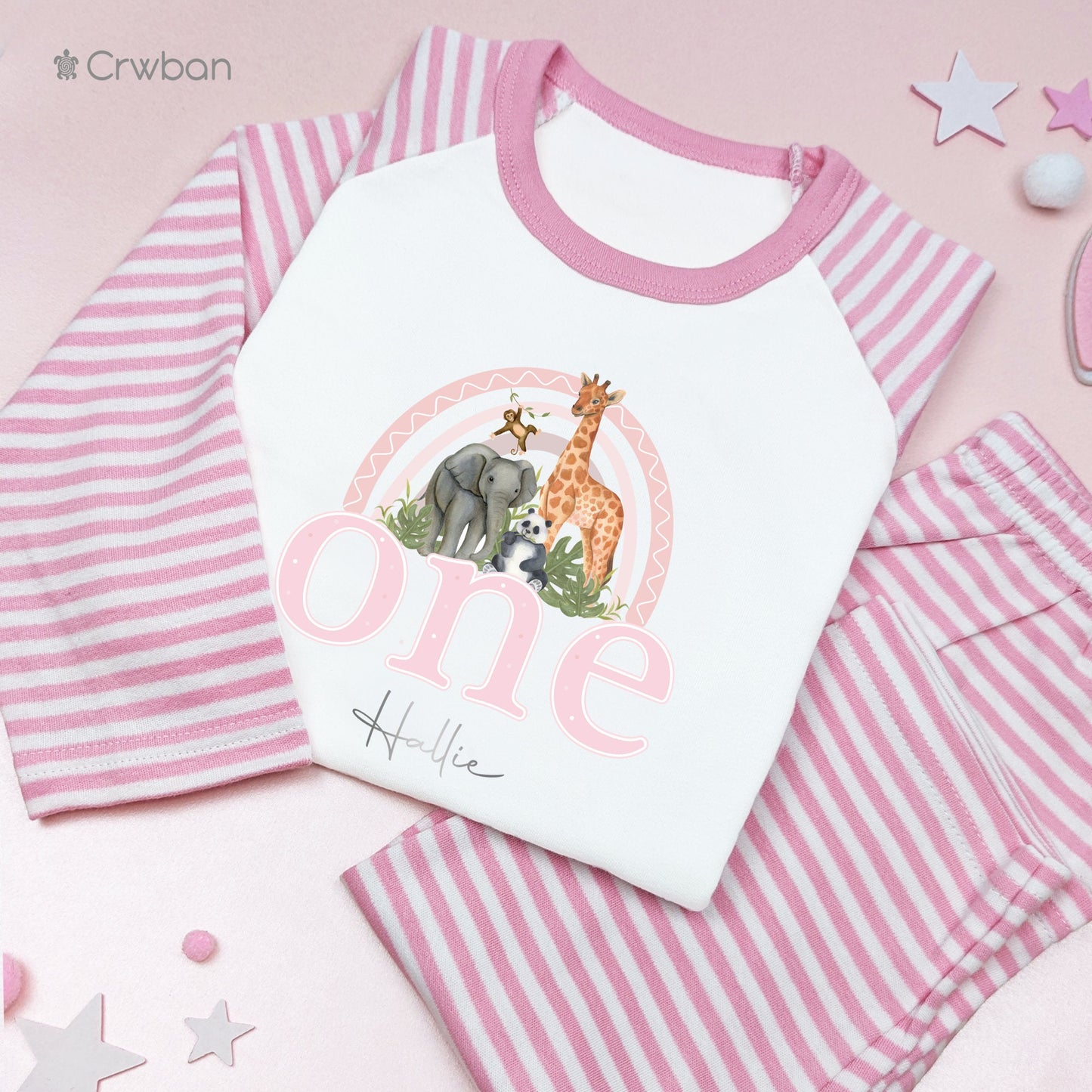 Safari Pink Rainbow Personalised Birthday 1st 2nd Any Age Girl Pyjamas When I Wake Up I'll Be One Two Birthday Gift Pink Stripes