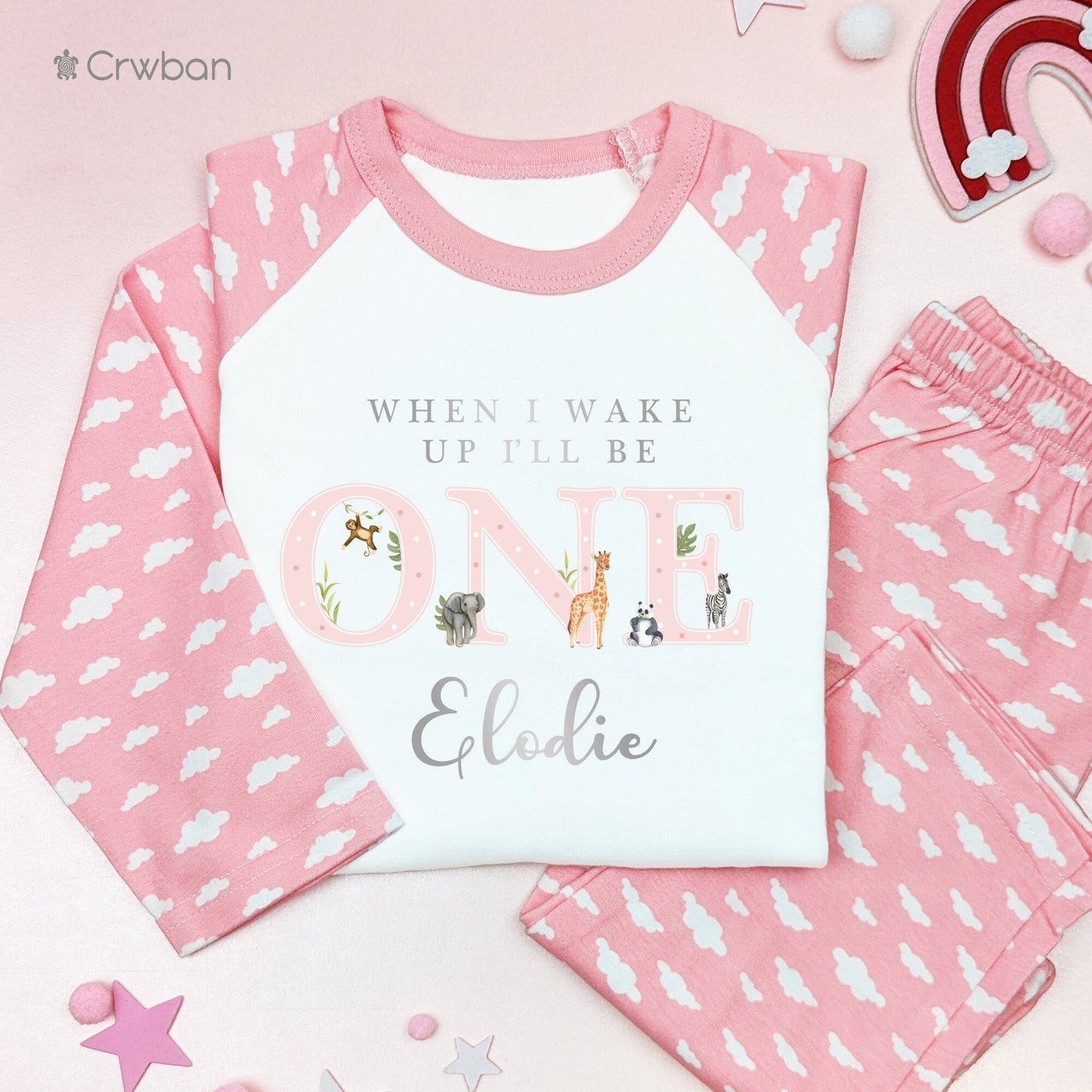 Safari Jungle 1st 2nd 3rd Birthday Pj's Personalised Girl Peach Pink Watercolour Birthday When I Wake Up, Any Age Pyjamas