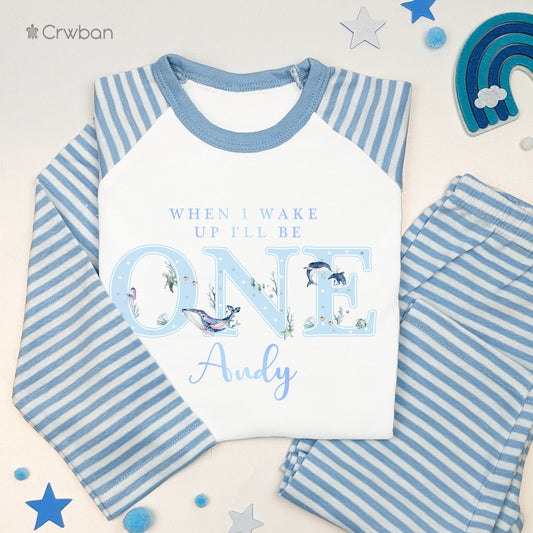 Sea Life Metallic Blue When I Wake Up Personalised Kids Outfit, Birthday Morning Set, Custom Name Cotton Clothing Set, Tight-fitting style