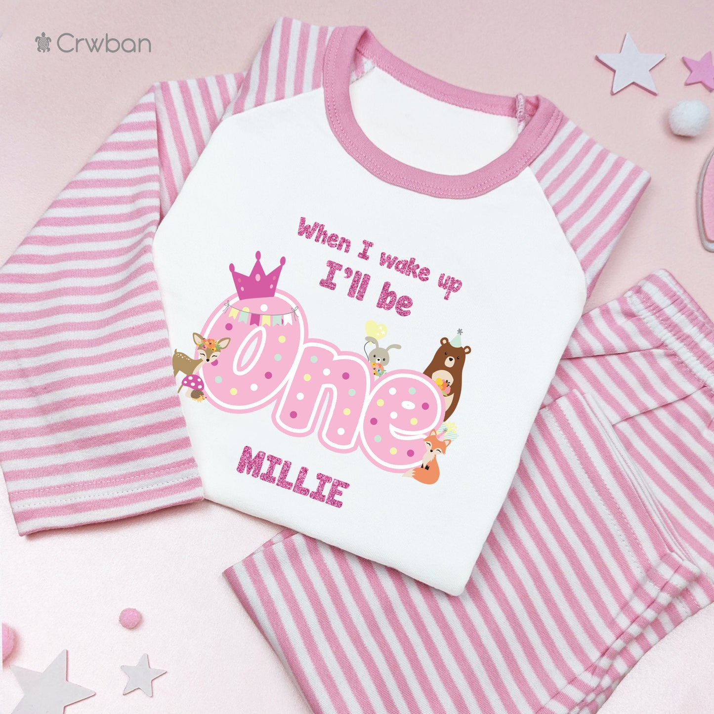 When I Wake Up I'll Be One Any Age Woodland Themed Personalised Birthday Girl Striped Pyjamas Gift with Pink Glitter 1st 2nd 3rd