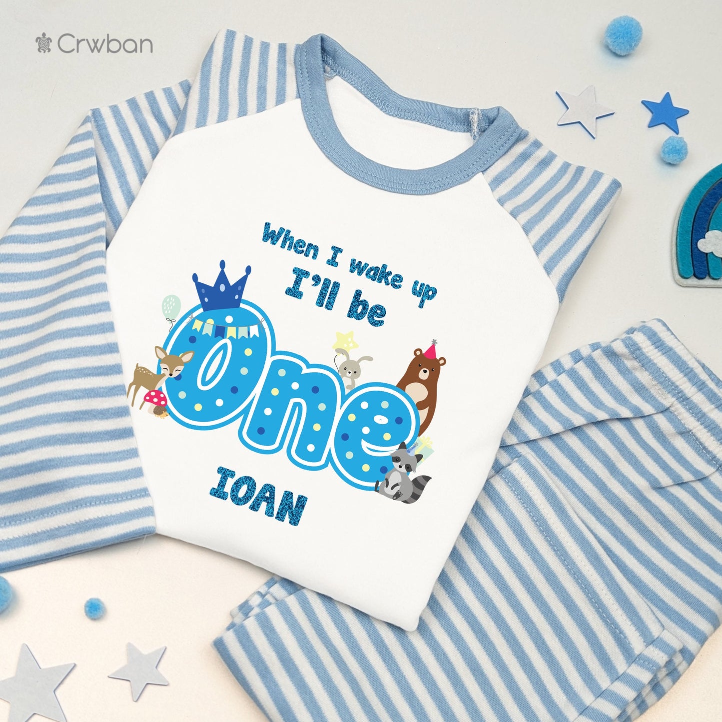 Woodland Themed Aqua Glitter Personalised Kids Outfit, Birthday Morning Set, Custom Name Cotton Clothing Set, Tight-fitting style