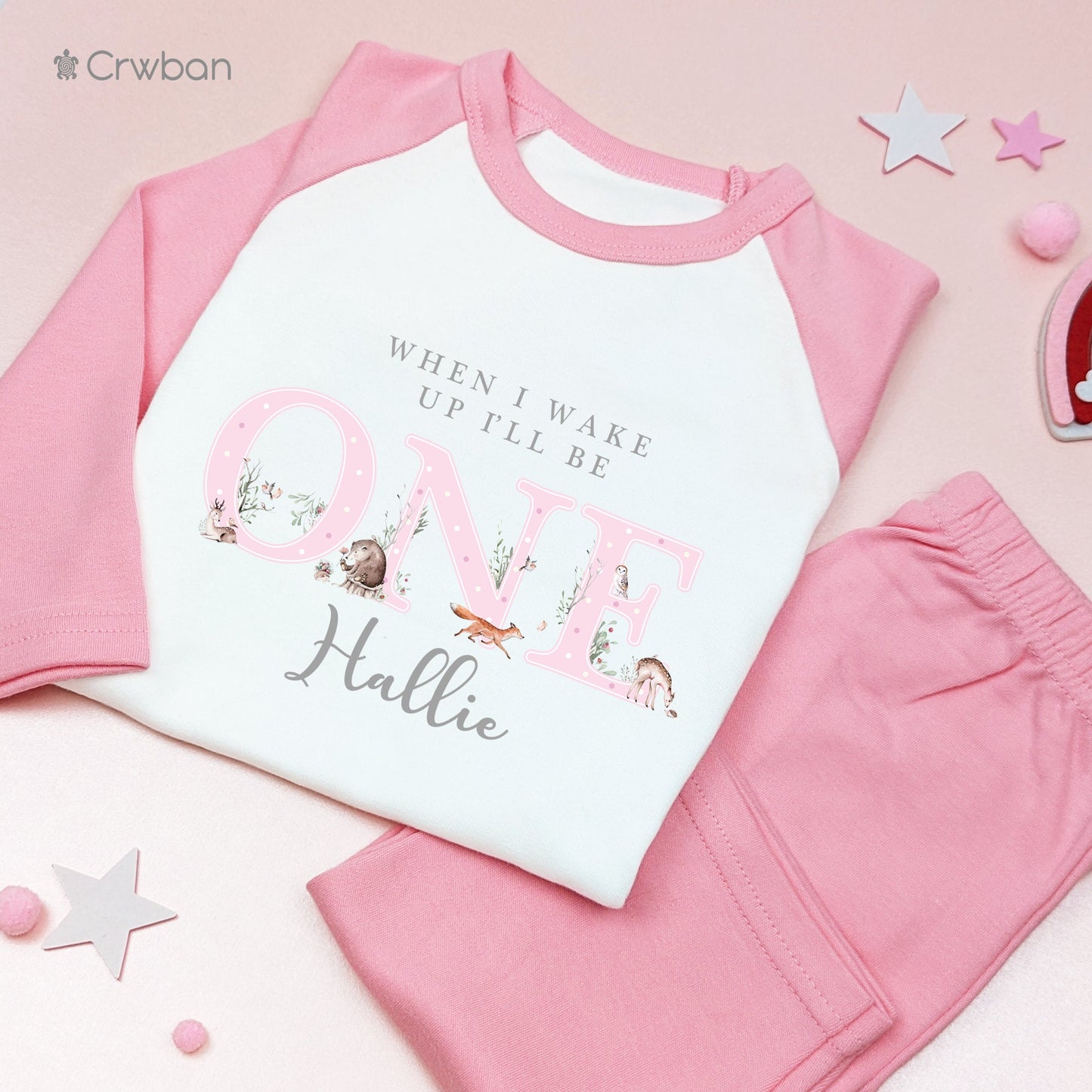 Woodland Watercolour Birthday Pink Pyjamas, When I Wake Up I'll Be, Any Age, 1st 2nd Birthday Outfit Baseball Pink Children's Nightwear
