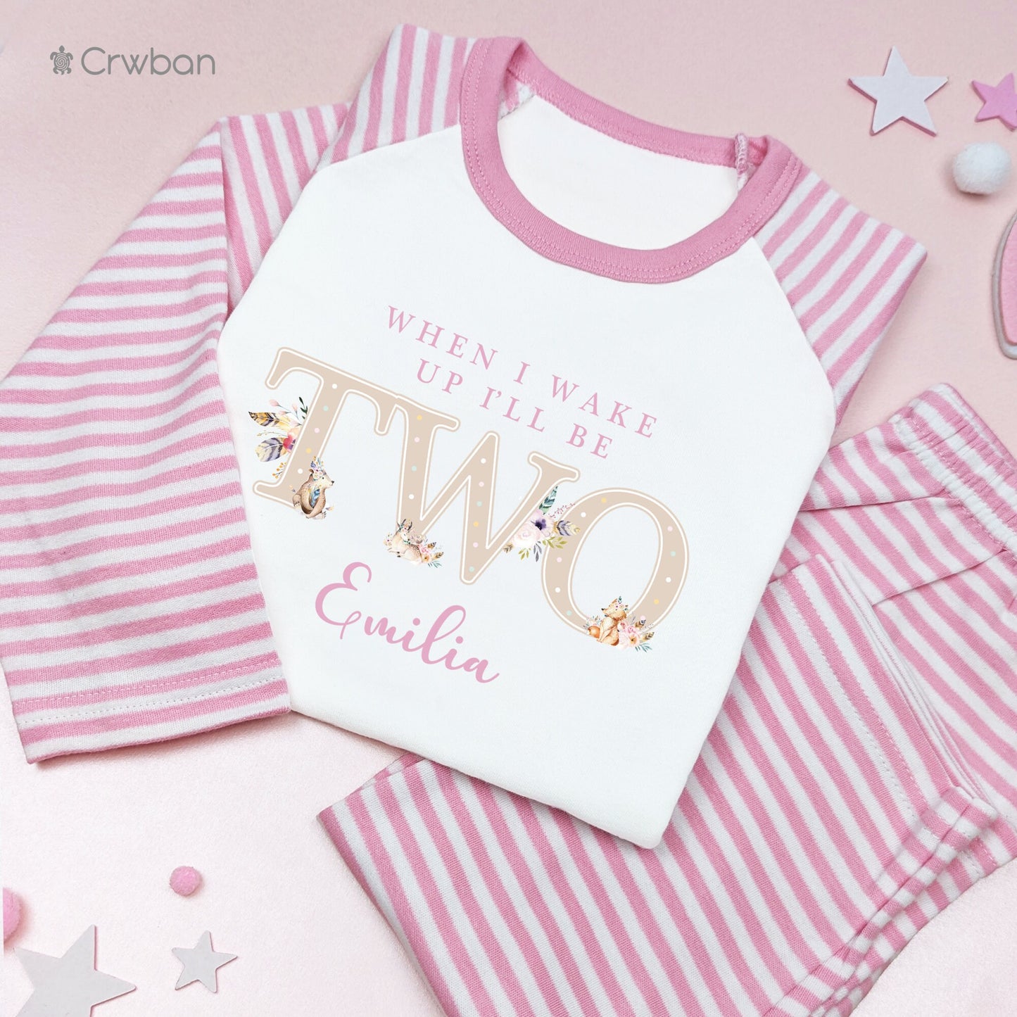 Woodland Bohemian Pink 1st 2nd 3rd Birthday Pyjamas, Personalised Floral Pj's, First Second Third Birthday, When I Wake Up Girly Pyjamas