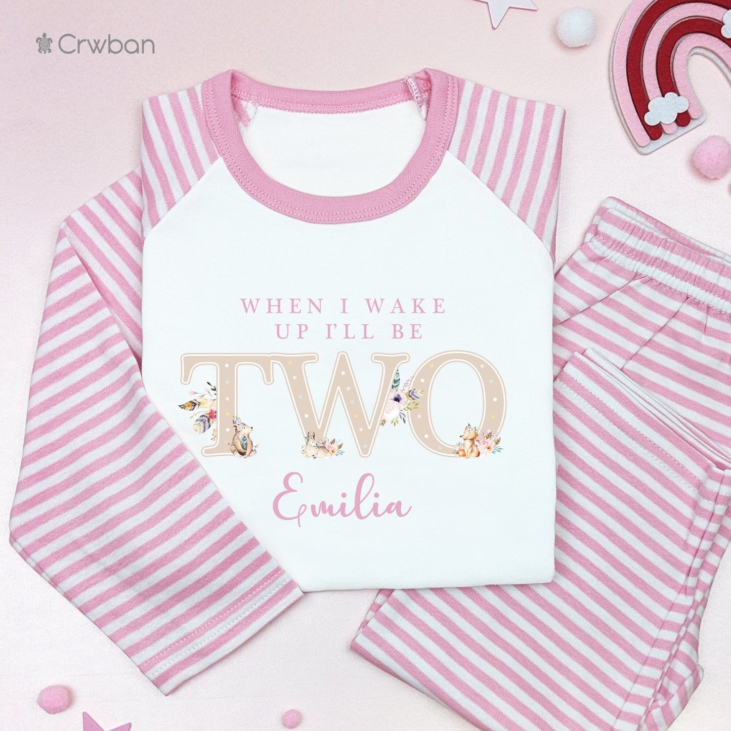 Woodland Bohemian Pink 1st 2nd 3rd Birthday Pyjamas, Personalised Floral Pj's, First Second Third Birthday, When I Wake Up Girly Pyjamas