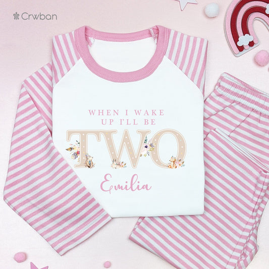 Woodland Bohemian Pink 1st 2nd 3rd Birthday Pyjamas, Personalised Floral Pj's, First Second Third Birthday, When I Wake Up Girly Pyjamas