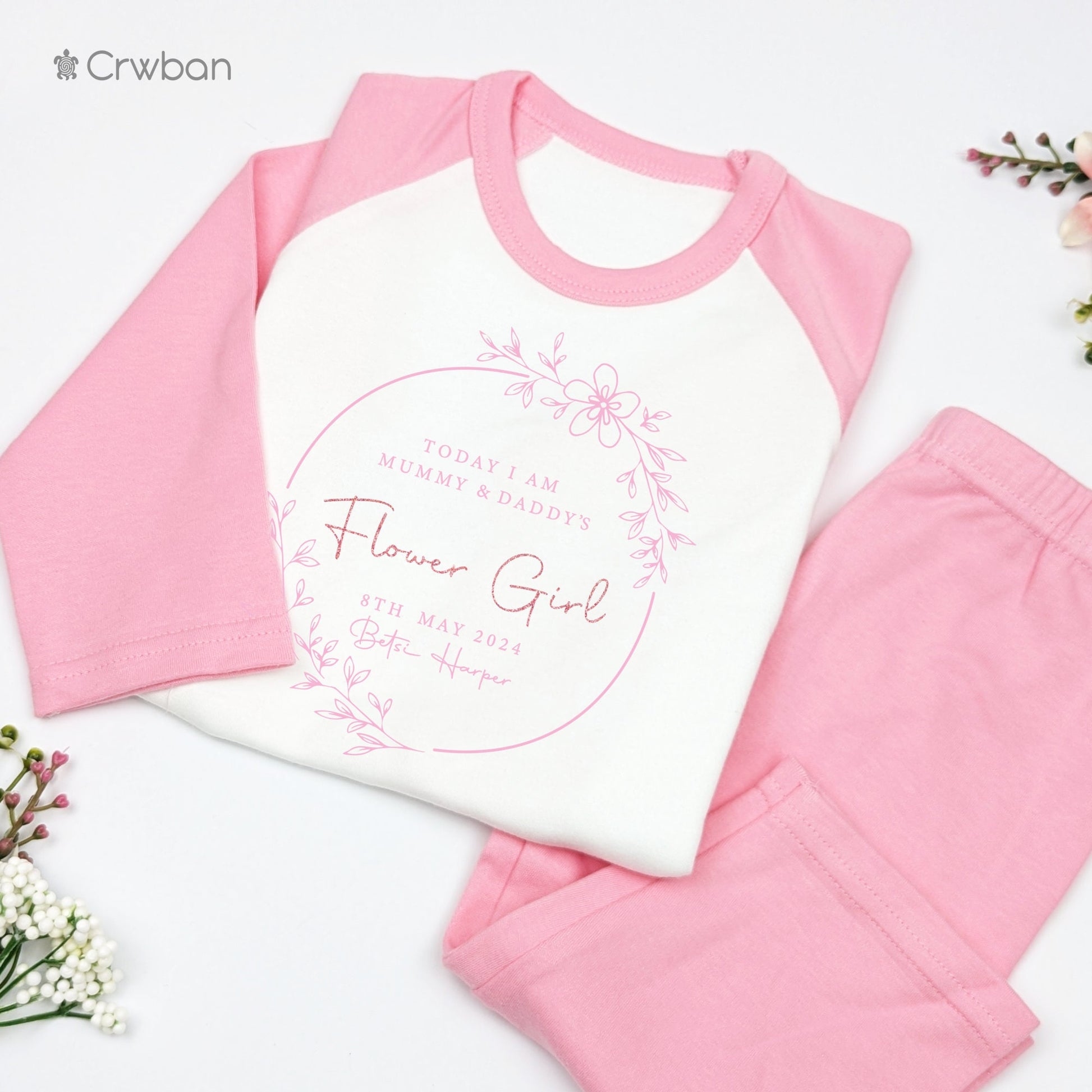 Flower Girl Wedding Wreath Personalised Kids Outfit, Morning Set, Custom Name Cotton Clothing Set for Girls, Tight-fitting style