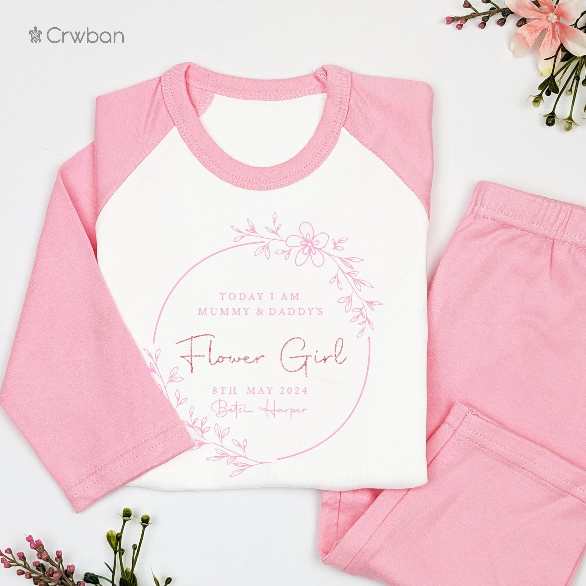 Flower Girl Wedding Wreath Personalised Kids Outfit, Morning Set, Custom Name Cotton Clothing Set for Girls, Tight-fitting style
