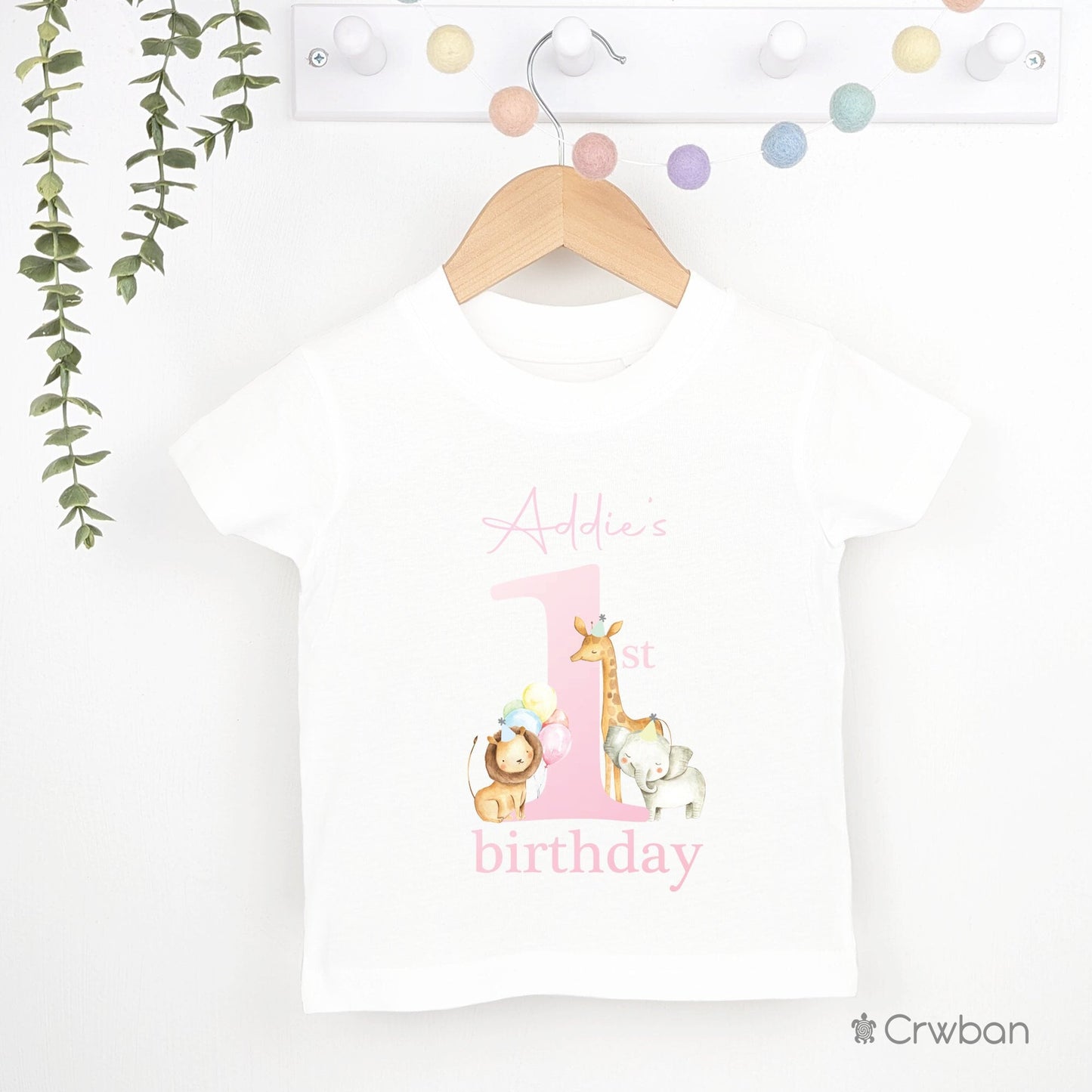 Pastel Safari Jungle theme Birthday Party T-shirt Top, Personalised 1st 2nd 3rd Birthday design with Metallic Rose Pink Print Children's Tee