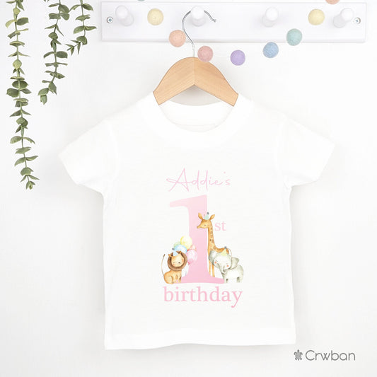 Pastel Safari Jungle theme Birthday Party T-shirt Top, Personalised 1st 2nd 3rd Birthday design with Metallic Rose Pink Print Children's Tee