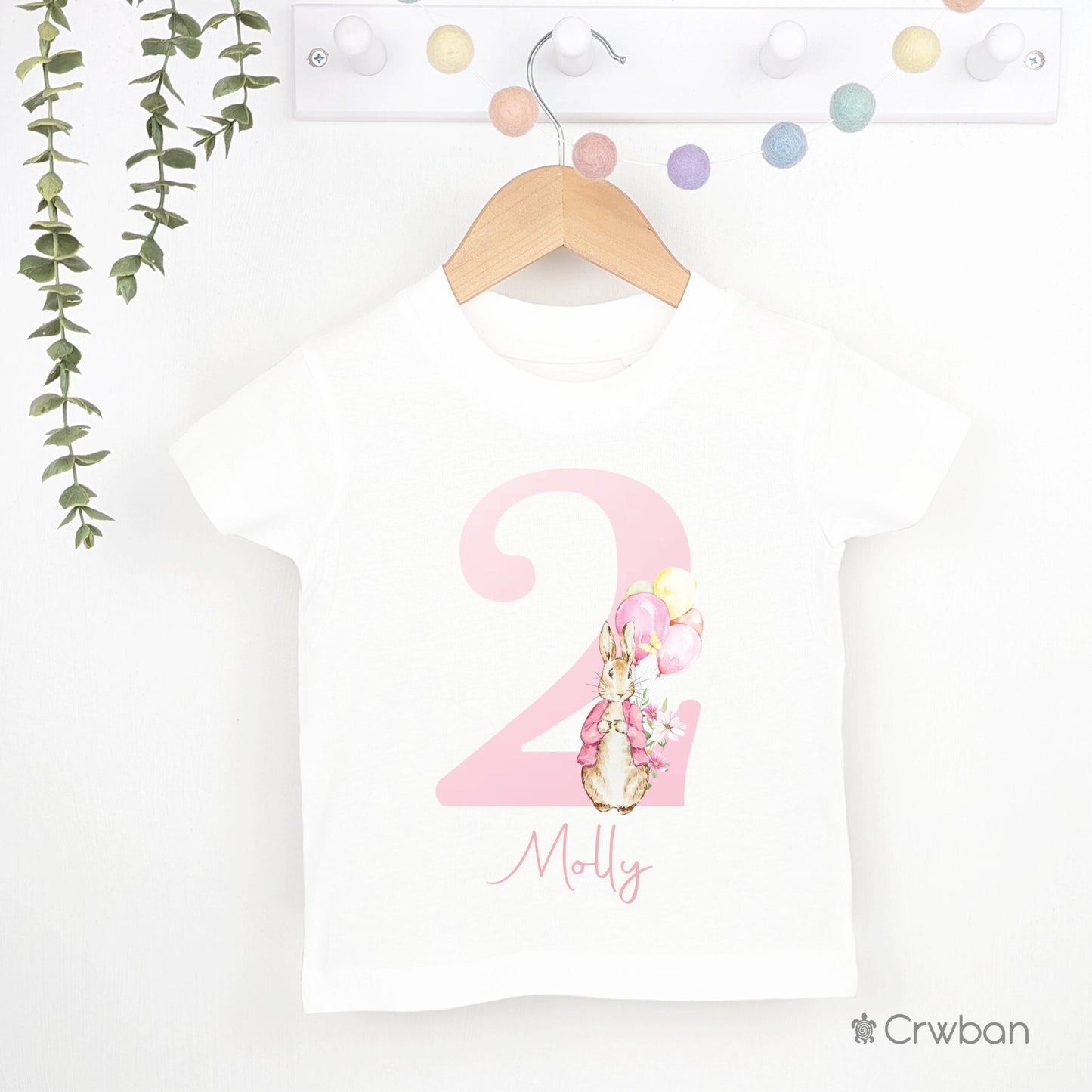 Rabbit Birthday Girl Party T-shirt Top, Personalised 1st 2nd 3rd Birthday design with Metallic Rose Pink Print Children's Clothing