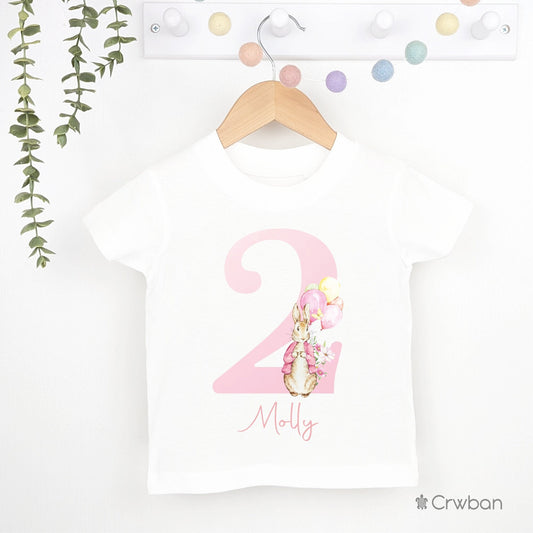 Rabbit Birthday Girl Party T-shirt Top, Personalised 1st 2nd 3rd Birthday design with Metallic Rose Pink Print Children's Clothing