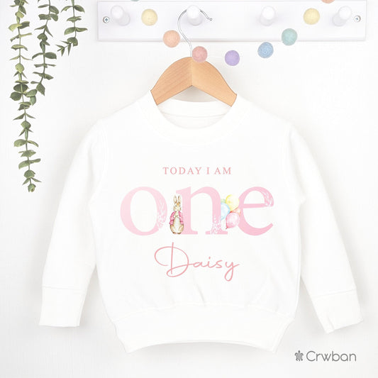 Rabbit Birthday Girl Party Birthday White Sweatshirt 1st 2nd Party Outfit Jumper Metallic Pink Birthday Gift Baby Toddler One Two Clothing
