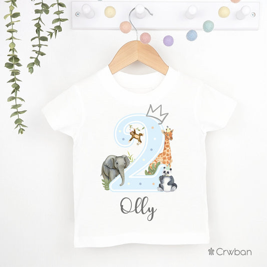 Safari Blue Jungle theme 1st 2nd Birthday T-shirt Top, Personalised Party design with Metallic Silver Print Children's Clothing Any Age