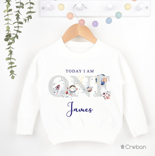 Watercolour Spaceman White Birthday Sweatshirt 1st 2nd Party Outfit Boy Jumper Galaxy Birthday Gift theme Baby Toddler One Two