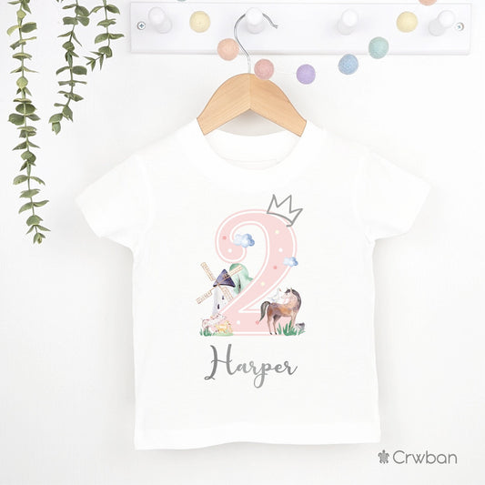Watercolour Farm Animal Birthday Girl Pink Party T-shirt Top, Personalised 1st 2nd design with Metallic Silver Print Children's Clothing
