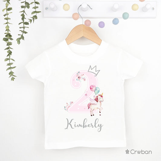 Watercolour unicorn Birthday Girl Party T-shirt Top, Personalised 1st 2nd Birthday design with Grey Print Children's Clothing One Two