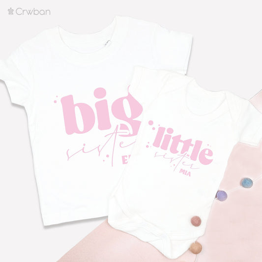Bubble pattern Big Sister T-shirt & Little Bodysuit with personalised names Matching Set Gift, Big Sister Announcement, Newborn Gift