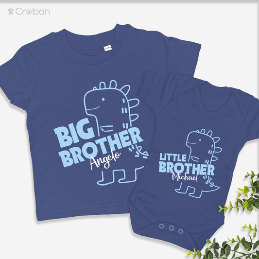 Drawn Dinosaur Little, Big & Biggest Brother Announcement Personalised Navy T-Shirts | Bodysuits | Sleepsuit | Baby Child Toddler gift set
