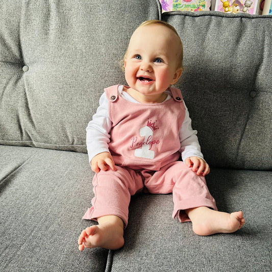 1st Birthday Organic Dungarees with Pocket, Party Outfit Personalised design with Gold/Rose Gold Glitter Print Toddler Childs First Birthday