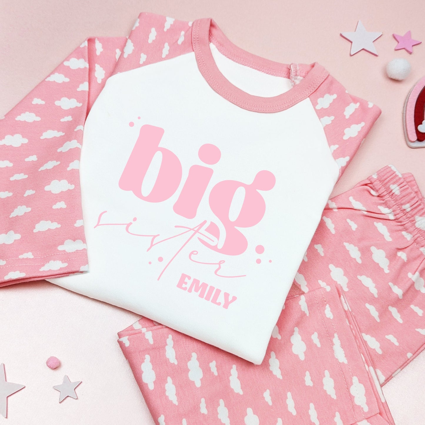 Matching Cloud Pattern Big and Little Sister Personalised Announcement Pyjama's Pj's Sleepsuit Romper Matching Gift