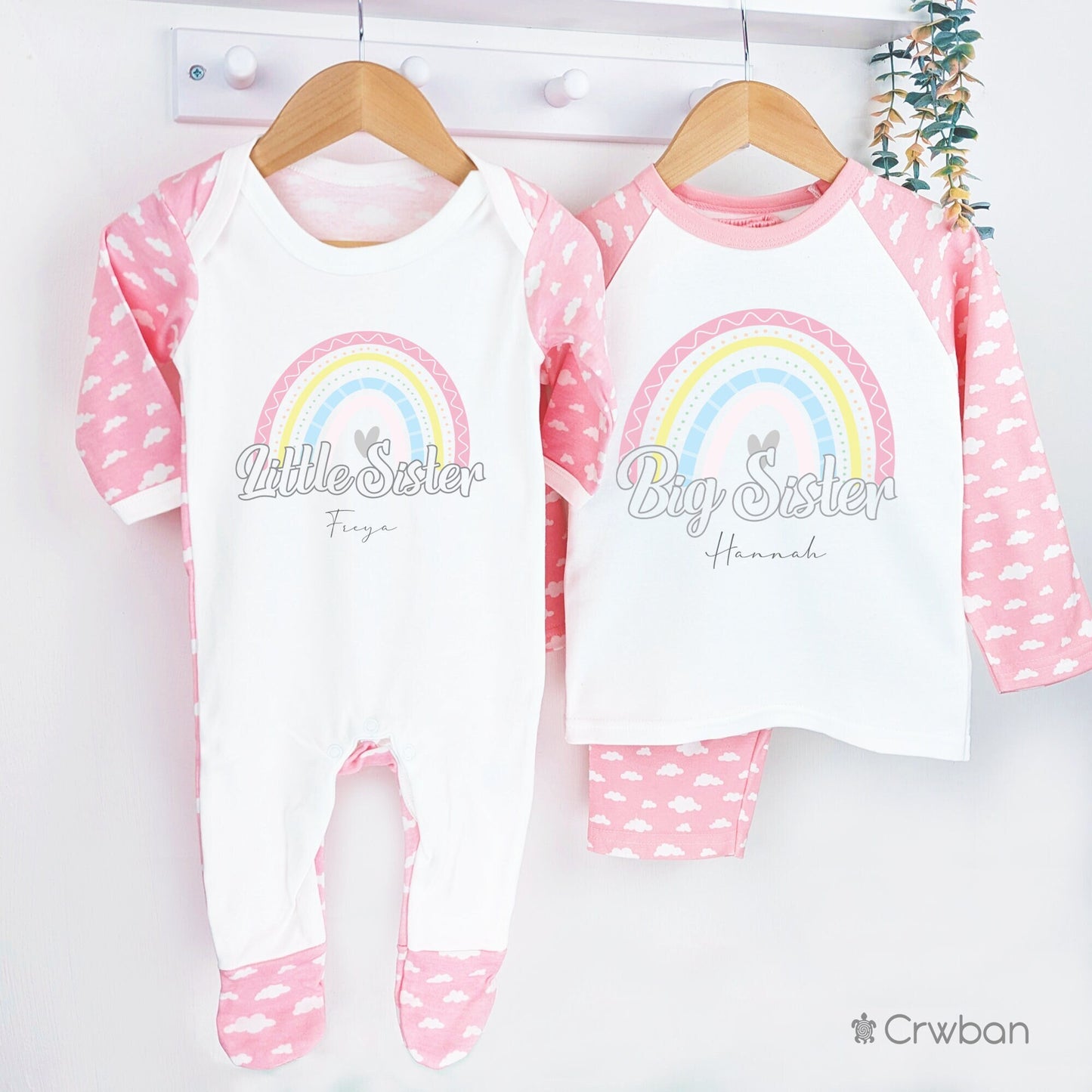 Rainbow Biggest, Big and Little Sister Personalised Announcement Pyjamas and Sleepsuit Matching gift Sibling Outfit Gift Pastel Print