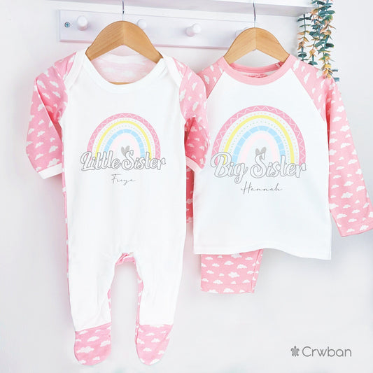 Rainbow Biggest, Big and Little Sister Personalised Announcement Pyjamas and Sleepsuit Matching gift Sibling Outfit Gift Pastel Print