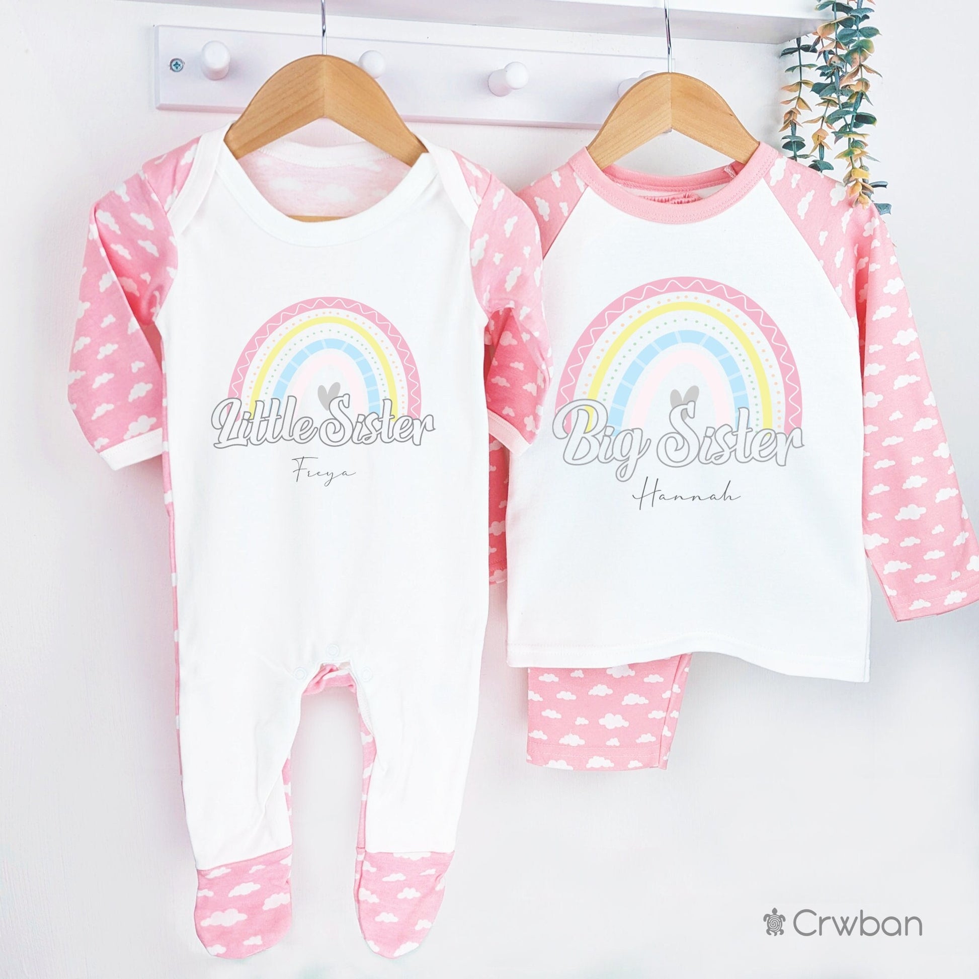 Rainbow Biggest, Big and Little Sister Personalised Announcement, Custom Name Cotton Clothing Set for Girls, Tight-fitting style