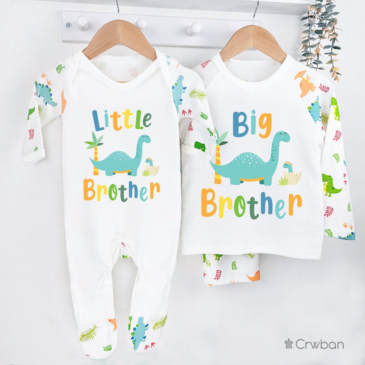 Biggest, Big and Little Brother Announcement Dinosaur Matching Gift, Custom Name Cotton Clothing Set for Boys and Girls, Tight-fitting style