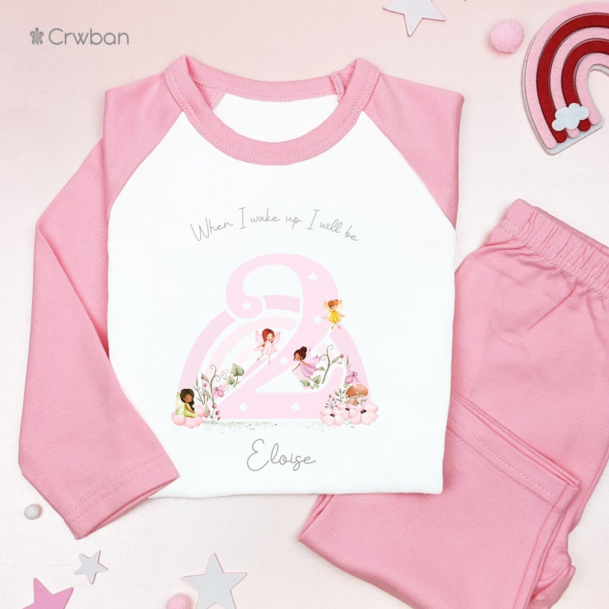 Girls Fairy Pink Rainbow Any Age Personalised Kids Outfit, Birthday Morning Set, Custom Name Cotton Clothing Set, Tight-fitting style