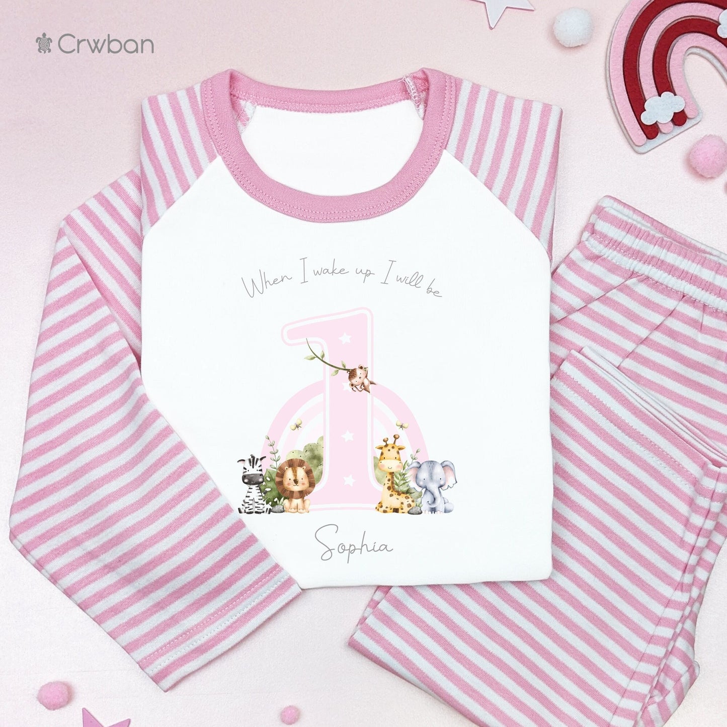 Pink Safari When I Wake Up I'll Be Any Age, Personalised Girl Pyjamas Pj's Gift, 1st Birthday Nightwear, Children's Birthday Eve Outfit