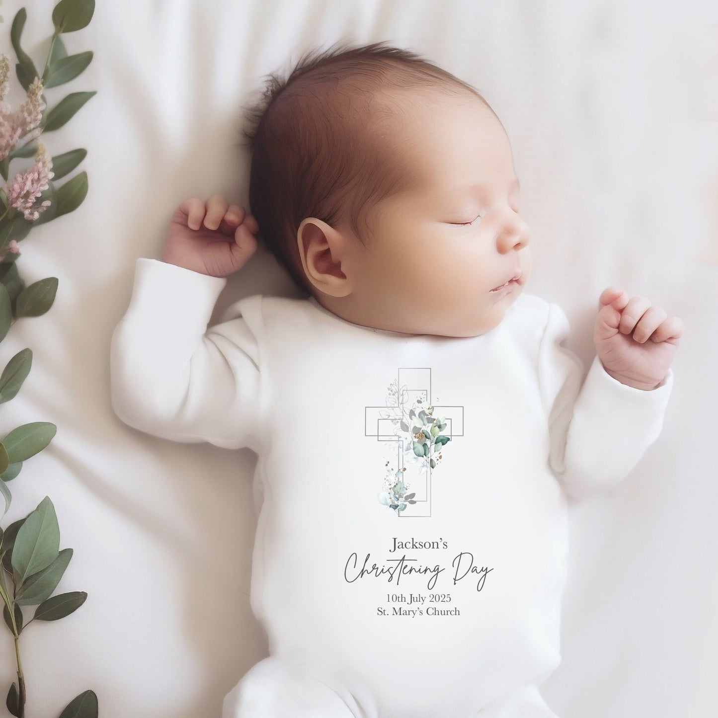 Personalised Baby Christening Outfit, Green Leaf with Silver Cross Baptism Naming Day gifts Baby Boy Girl Sleepsuit Bodysuit Vest Newborn