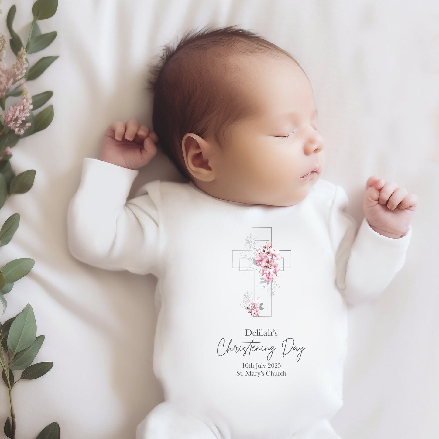 Personalised Baby Christening Outfit, Rose Flowers Silver Cross Baptism Naming Day gifts Baby Girl Sleepsuit Bodysuit Vest Newborn designed