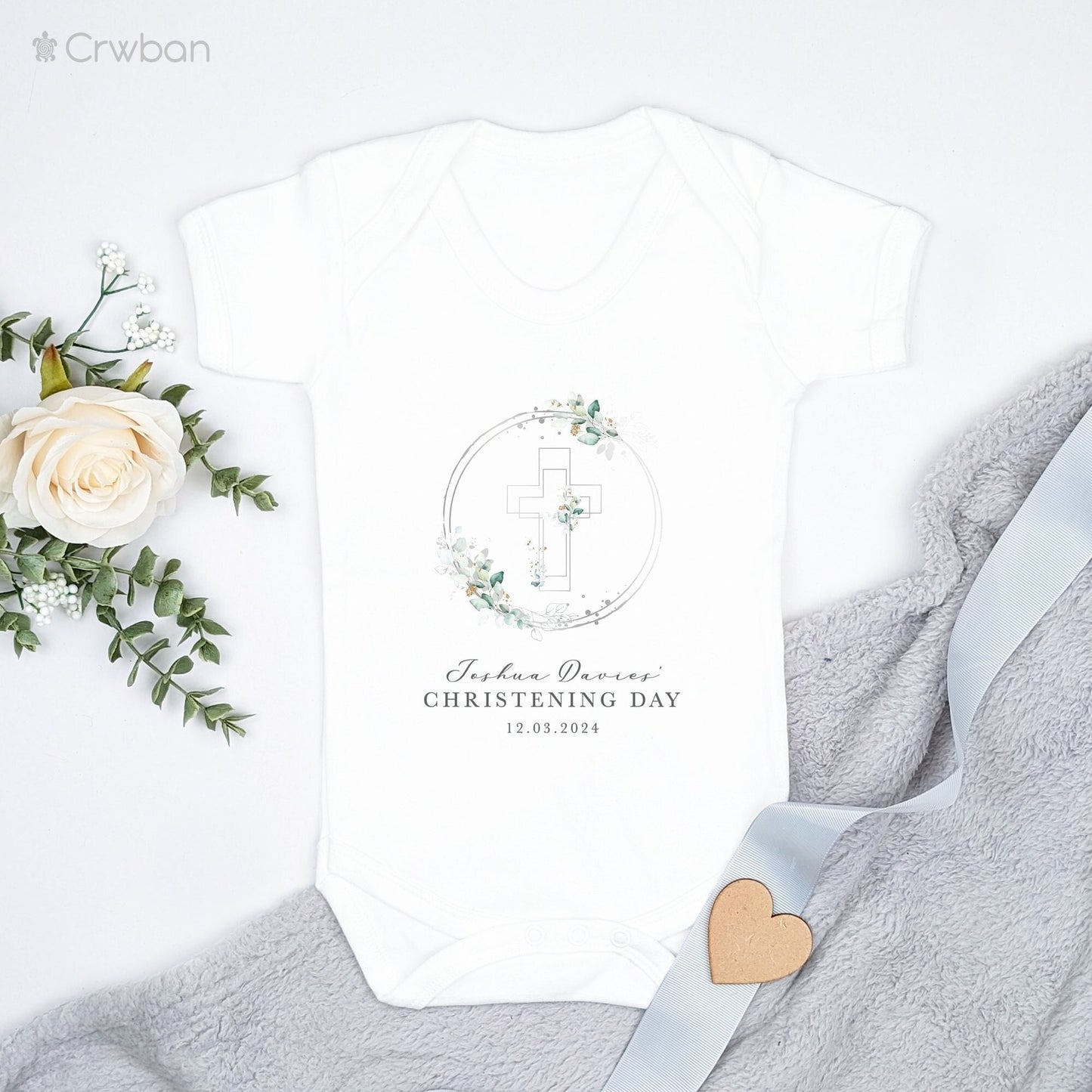 Personalised Christening Outfit, leaf circle detail Silver Cross Baptism Naming Day gifts Baby Boy Girl Sleepsuit Bodysuit Vest Newborn
