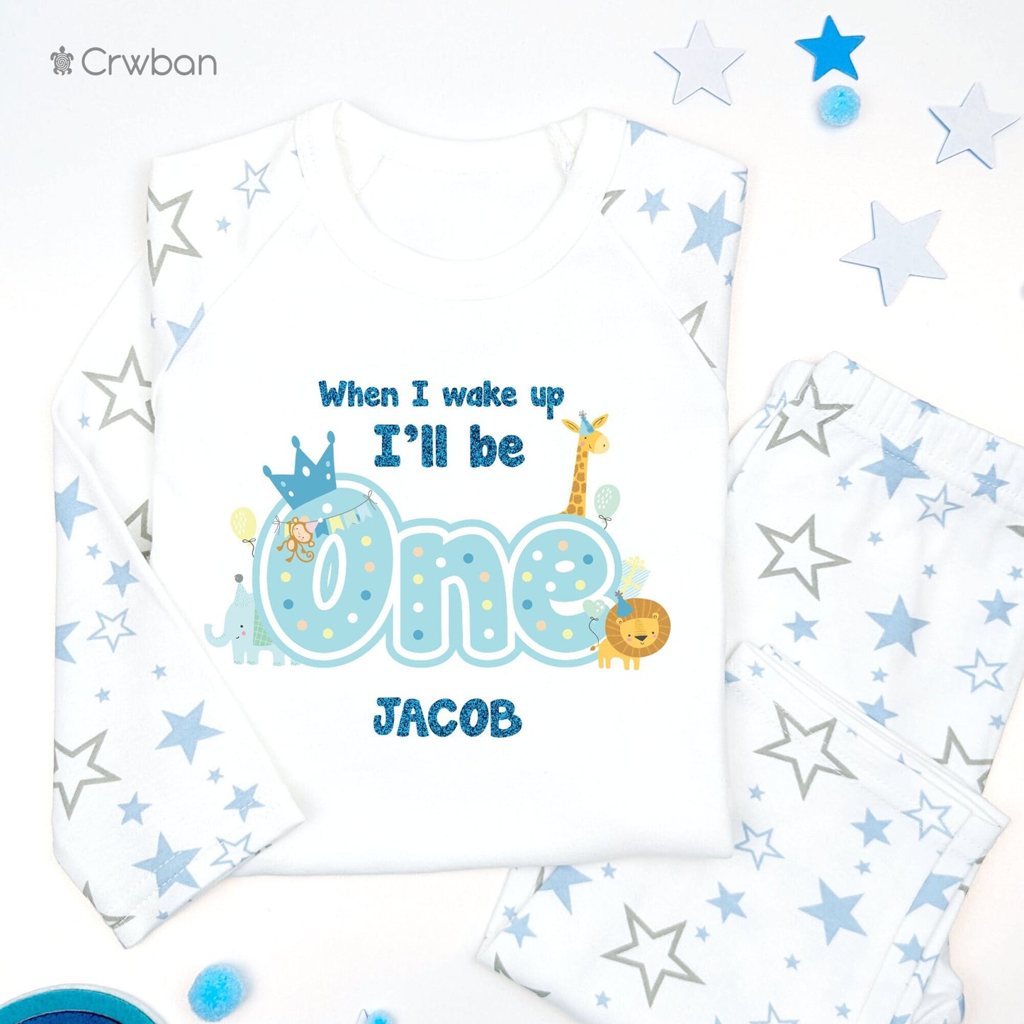 Animal Themed Birthday Aqua Glitter Personalised Kids Outfit, Birthday Morning Set, Custom Name Cotton Clothing Set, Tight-fitting style