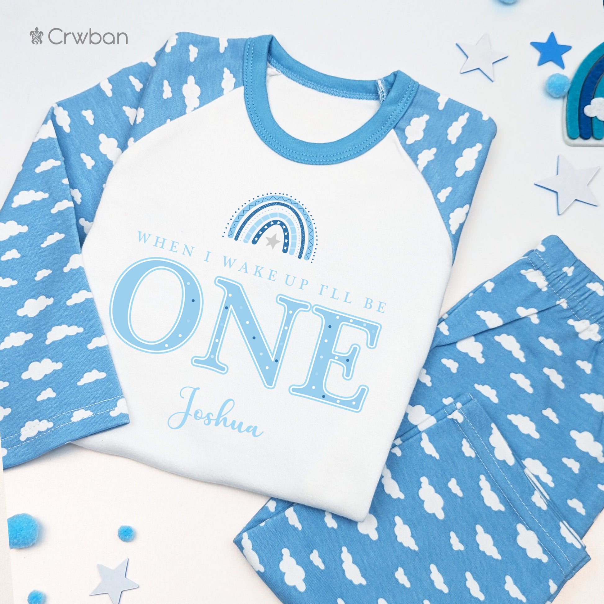 Blue Rainbow Personalised Kids Outfit, Birthday Morning Set, Custom Name Cotton Clothing Set for Boys, Tight-fitting style
