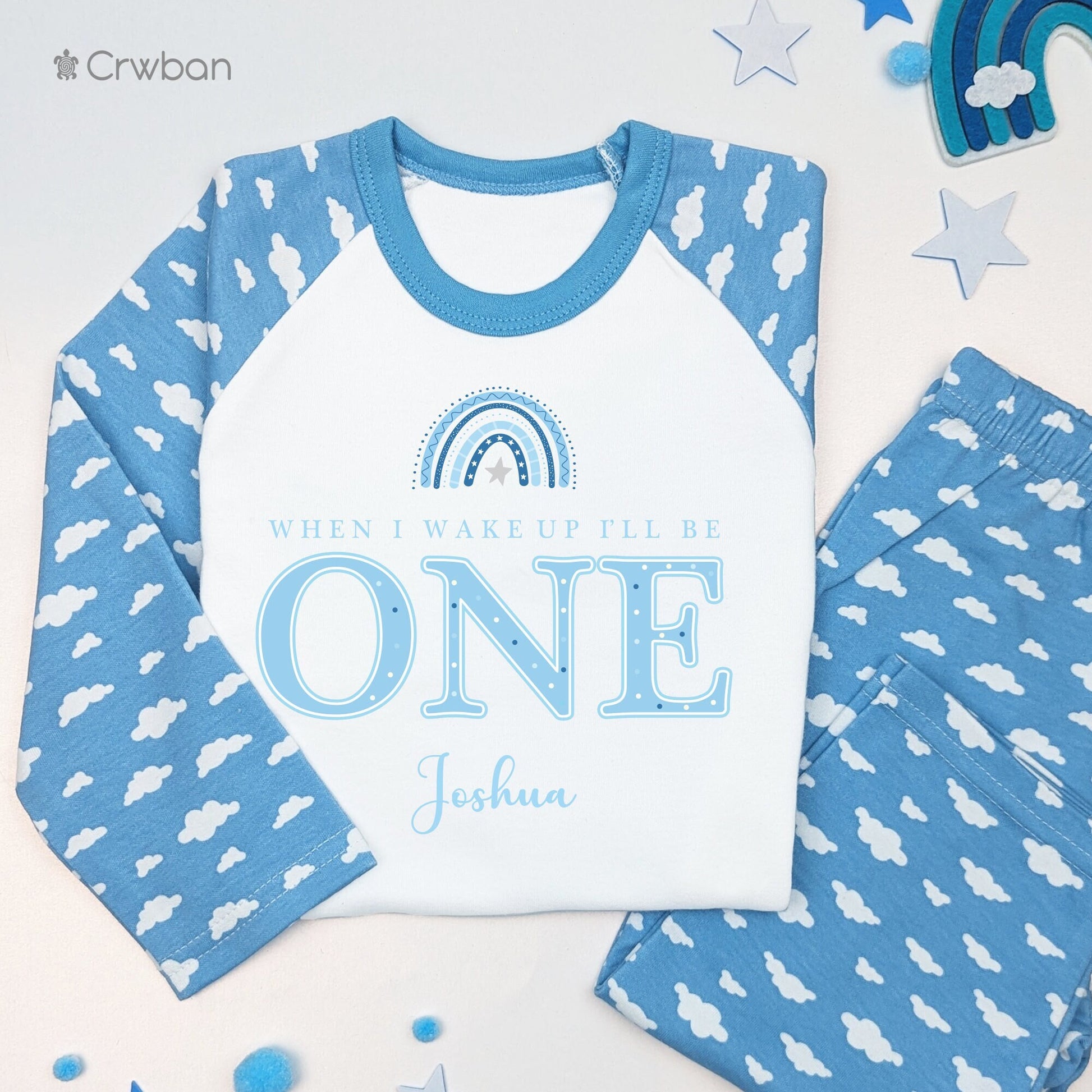 Blue Rainbow Personalised Kids Outfit, Birthday Morning Set, Custom Name Cotton Clothing Set for Boys, Tight-fitting style