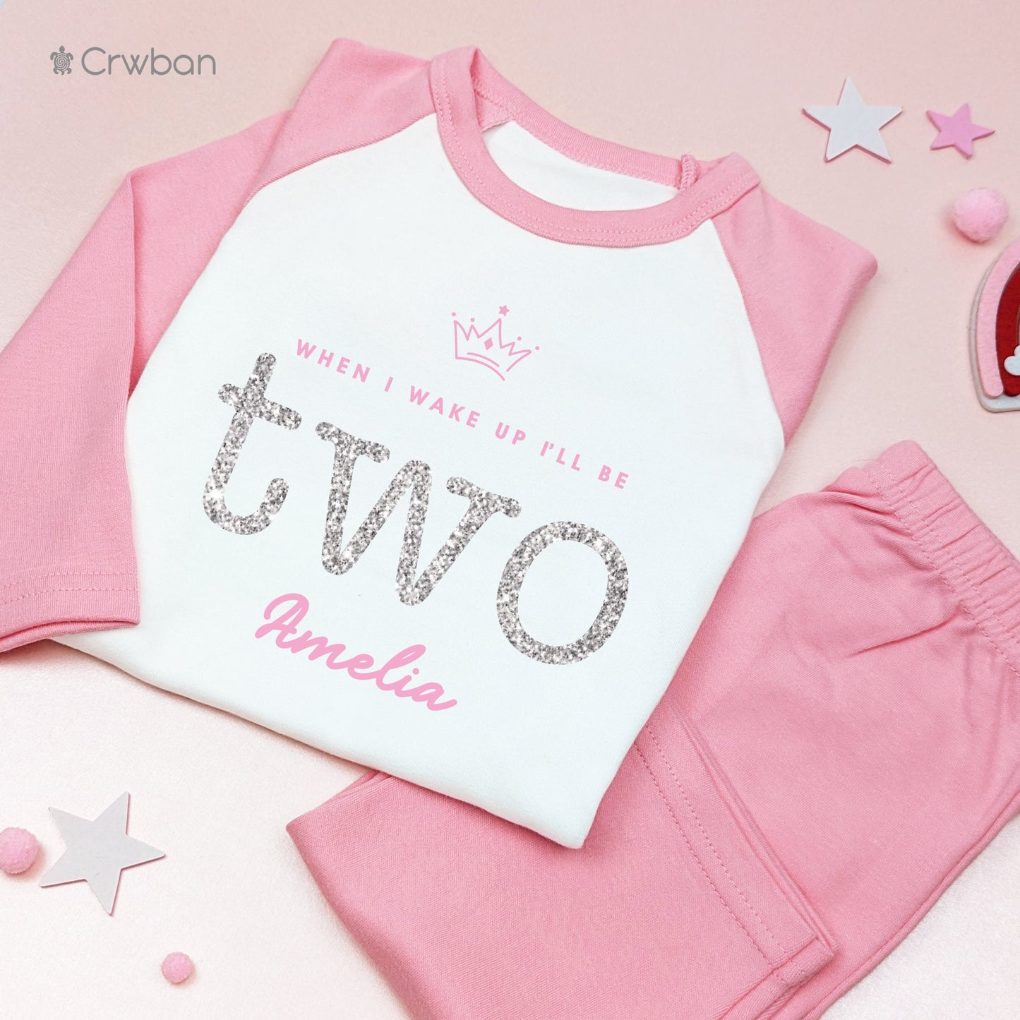 Crown When I Wake Up I'll Be One Two, Any Age Personalised, First Birthday Girl Pyjamas Pj's Gift with Silver Glitter