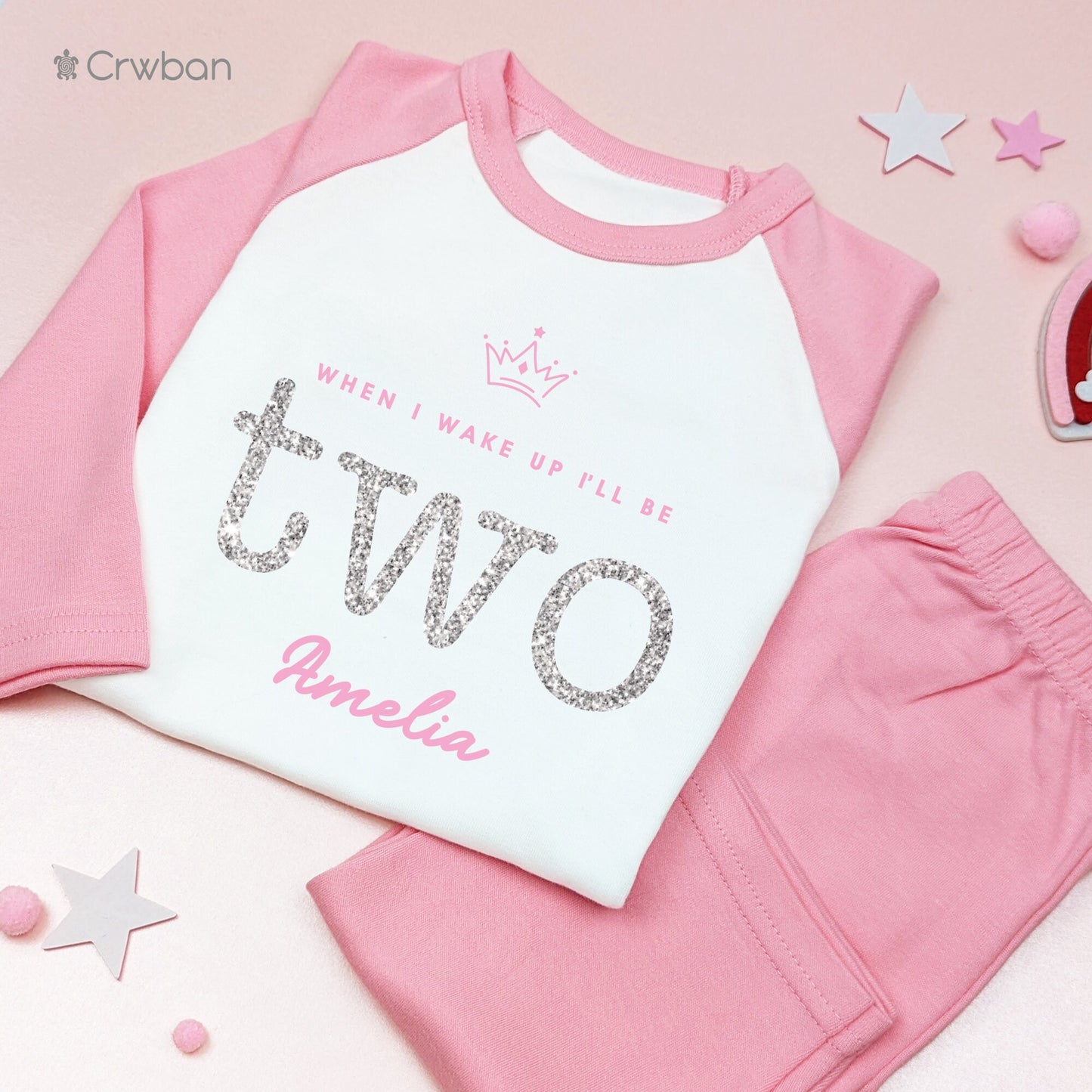 Pink Crown with Glitter When I Wake Up Personalised Kids Outfit, Birthday Morning Set, Custom Name Cotton Clothing Set, Tight-fitting style