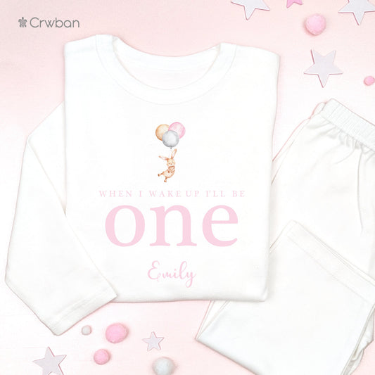 Bunny 1st 2nd 3rd Birthday Pj's Personalised Birthday When I Wake Up Pyjamas Plain White Baseball Pink sets Girl Any Age