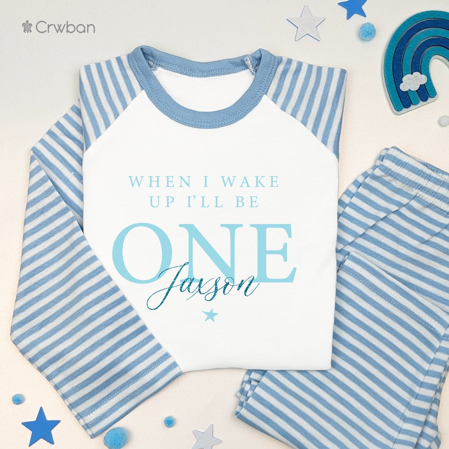 Cute Baby Blue When I Wake Aqua Glitter Personalised Kids Outfit, Birthday Morning Set, Custom Name Cotton Clothing Set, Tight-fitting style
