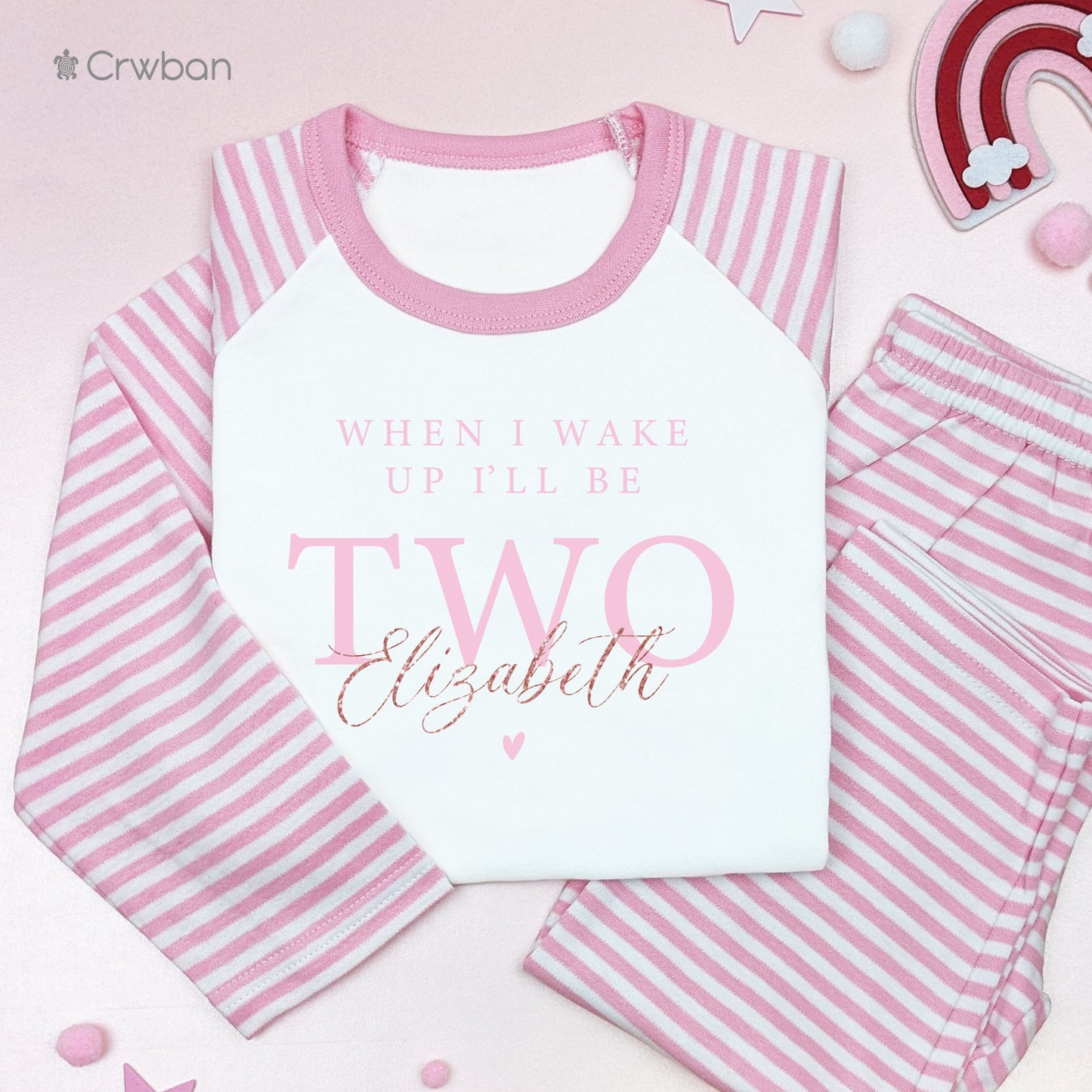 Cute Baby Pink Birthday Pj's Personalised with Any Age When I Wake Up Pink Stripe or Cloud Pyjamas Baby Child Toddler with Rose Gold Glitter