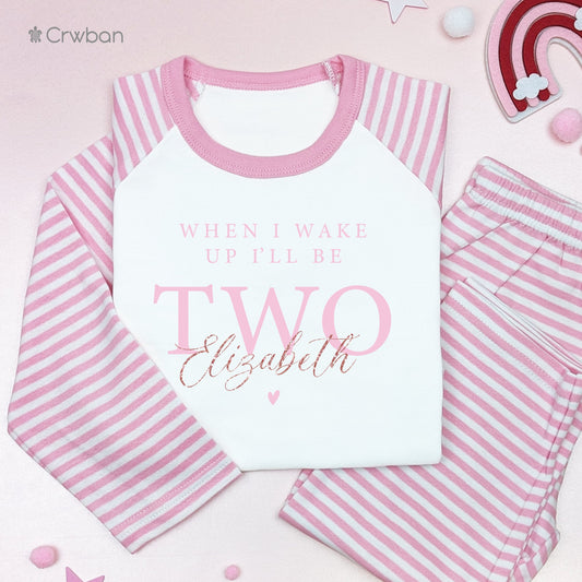 Cute Baby Pink Birthday Pj's Personalised with Any Age When I Wake Up Pink Stripe or Cloud Pyjamas Baby Child Toddler with Rose Gold Glitter