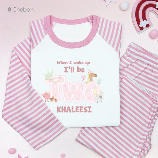 Farm Animal Personalised Birthday Girl Pyjamas When I Wake Up I'll Be One Two, Any Age Birthday Gift with Glitter