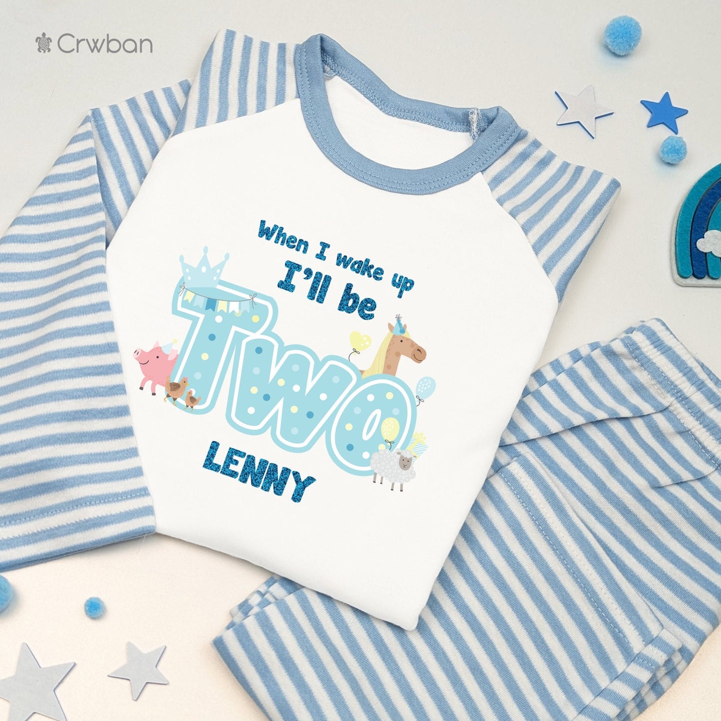 Farm Animal Aqua Glitter When I Wake Personalised Kids Outfit, Birthday Morning Set, Custom Name Cotton Clothing Set, Tight-fitting style