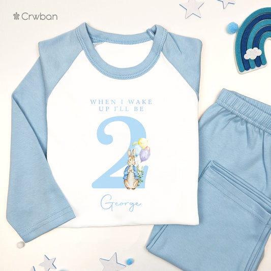 Blue Number Rabbit When I Wake Any Age Personalised Kids Outfit, Birthday Morning Set, Custom Name Cotton Clothing Set, Tight-fitting style
