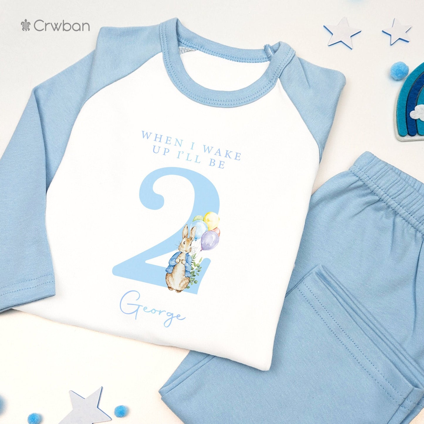 Personalised Blue Number Rabbit Birthday Pyjamas Any Age Children's Pj's One, Two, Three, Four Nightwear 1st Birthday Boy Childs Nightwear