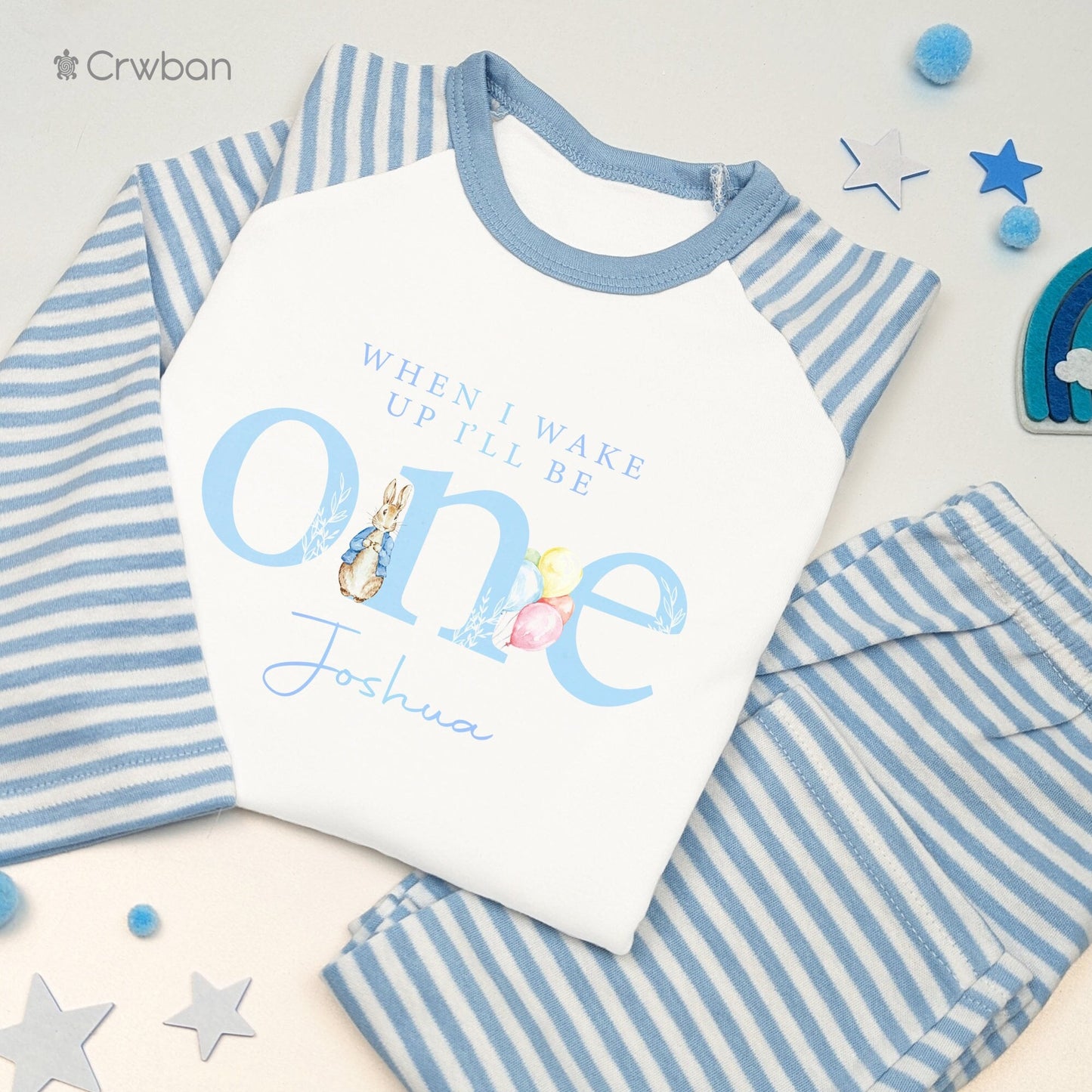 Personalised Rabbit Birthday Pyjamas Any Age Baby Blue Stripes or Plain White Children's Pj's or Romper One, Two, Three, Four Nightwear