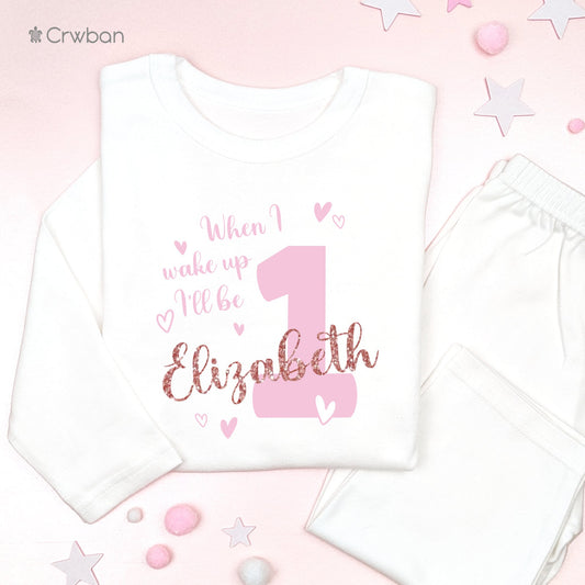 Personalised Girls When I Wake Up I'll Be Any Age Birthday White Pyjamas Sleepsuit Pj's Gift Baby Pink with Rose Gold Glitter Birthday Eve