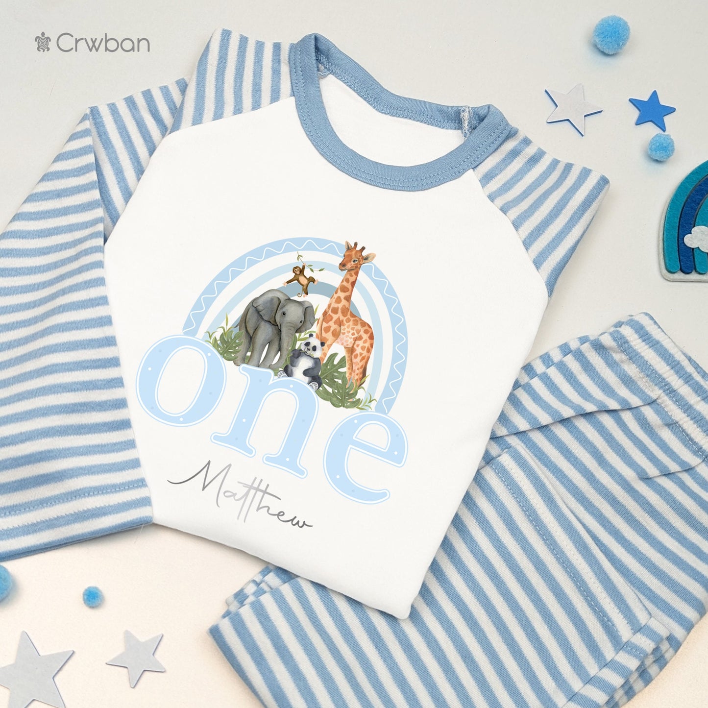 Safari Blue Rainbow Personalised Kids Outfit, Birthday Morning Animal Set, Custom Name Cotton Clothing Set, Tight-fitting style