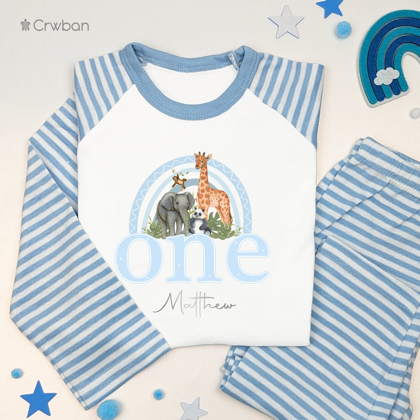 Safari Blue Rainbow Personalised Kids Outfit, Birthday Morning Animal Set, Custom Name Cotton Clothing Set, Tight-fitting style